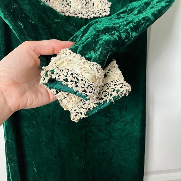 Vintage Green Velvet Victorian Dress 80s Handmade Lace Puff Sleeve Goth Whimsy - Picture 3 of 16